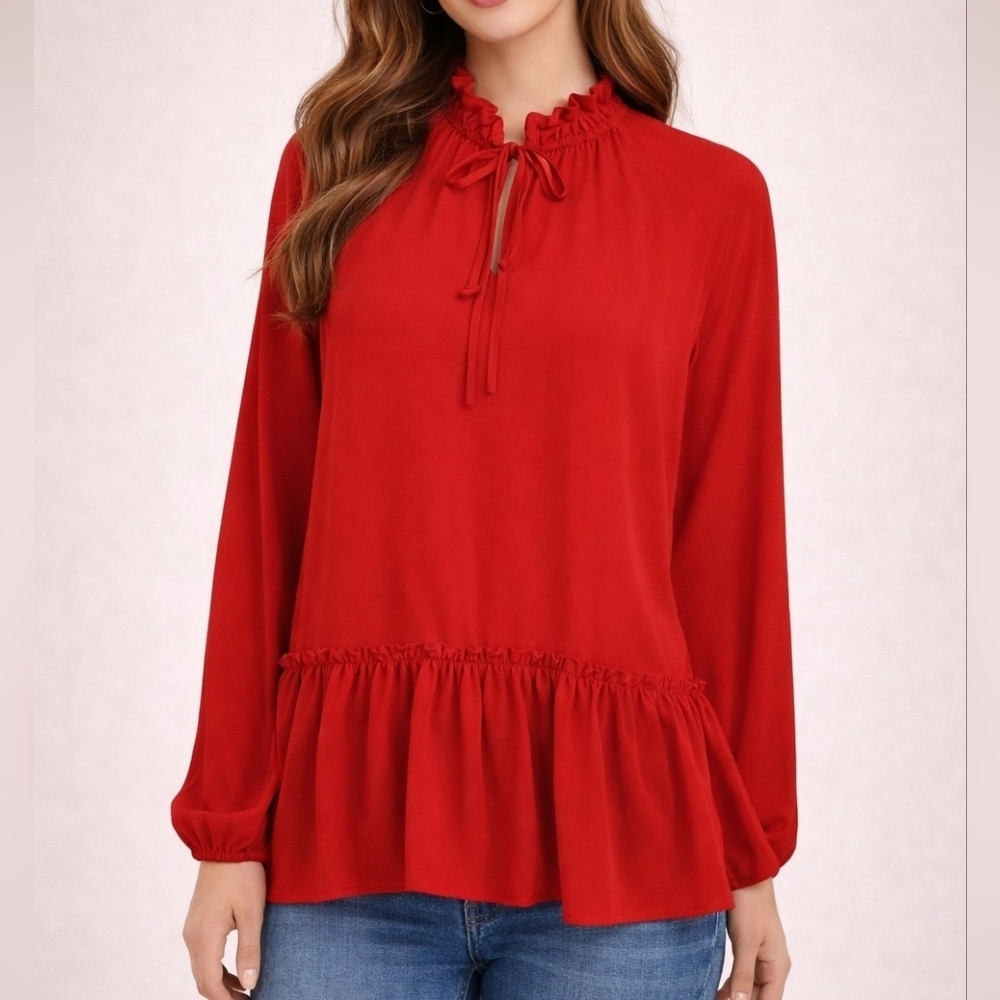 LOFT Tomato Red Ruffle Peplum Tie Neck Holiday Blouse
